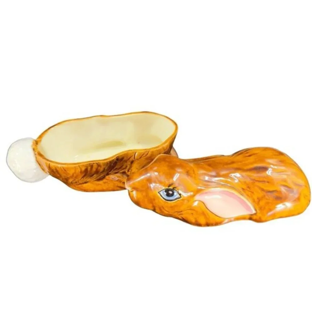 Hand Painted Ceramic Bunny Rabbit‎ Covered Dish W Lid Signed 1980s Vintage Decor